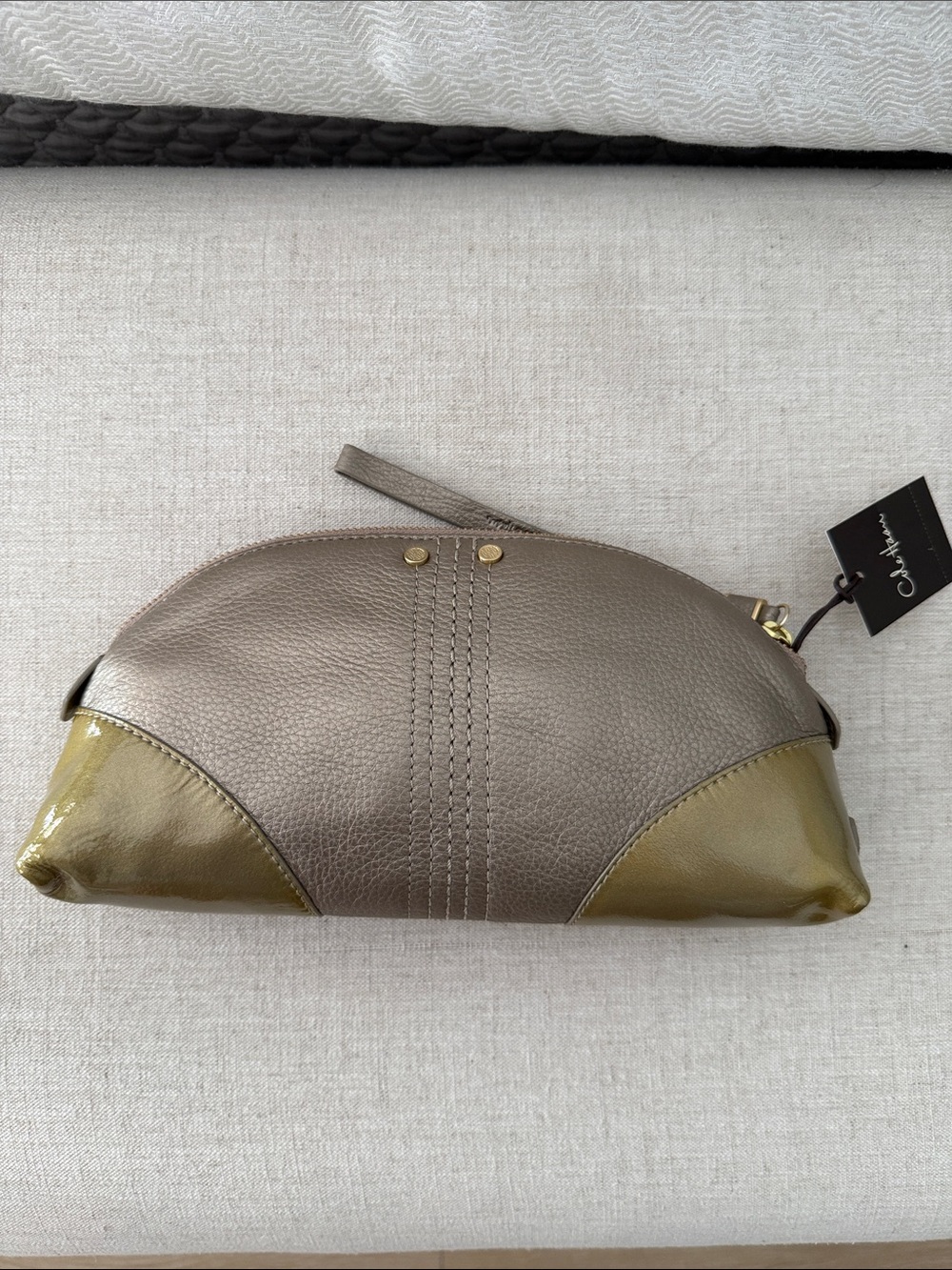 Cole Haan Large Dome Wristlet Metallic Pewter & Gold Patent Leather NWT